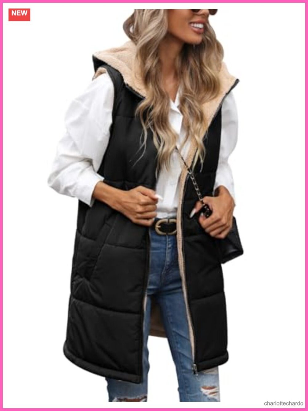 Women Reversible Long Puffer Fleece Vest Sleeveless Zip Up Winter Warm